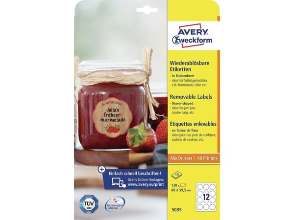 Avery 5085, Hvit, Selvklebende skriveretikett, A4, Papir, Universell, firkant