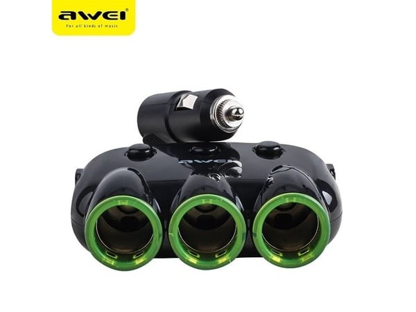AWEI C-35 bilsplitter 3 12V lighteruttak + 2 USB, splitter svart