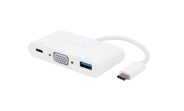 Vivanco IT-USBC VGA C HUB, Koblet med ledninger (ikke trådløs), USB 3.2 Gen 1 (3.1 Gen 1) Type-C, 60 W, Hvit, 5 Gbit/s, 2048 x 1152 piksler