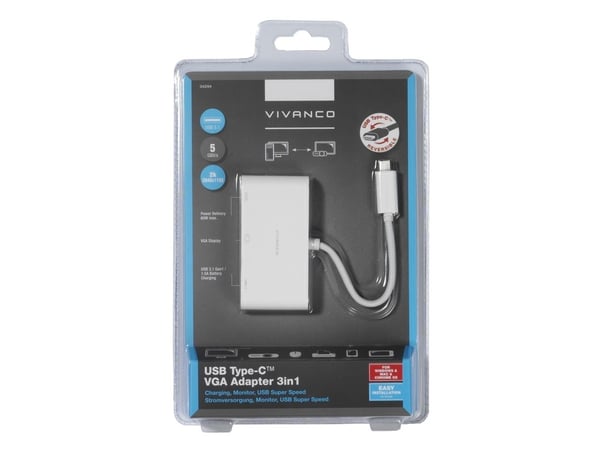 Vivanco IT-USBC VGA C HUB, Koblet med ledninger (ikke trådløs), USB 3.2 Gen 1 (3.1 Gen 1) Type-C, 60 W, Hvit, 5 Gbit/s, 2048 x 1152 piksler