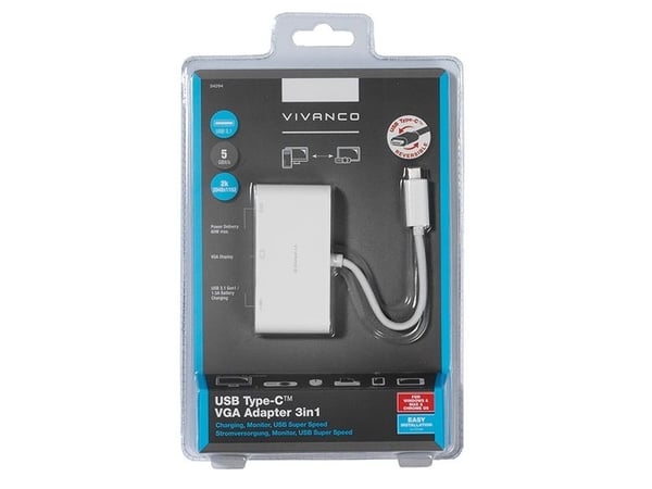 Vivanco IT-USBC VGA C HUB, Koblet med ledninger (ikke trådløs), USB 3.2 Gen 1 (3.1 Gen 1) Type-C, 60 W, Hvit, 5 Gbit/s, 2048 x 1152 piksler
