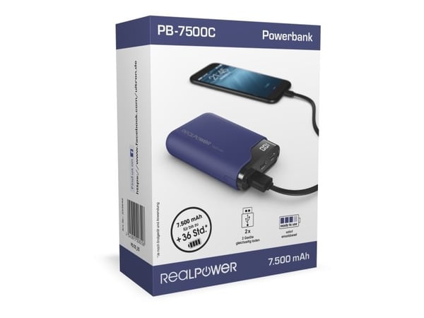 RealPower PB-7500C Navy Blue, 7500 mAh, Svart, Blå