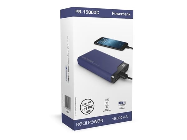 RealPower PB-15000C Navy Blue, 15000 mAh, Svart, Blå