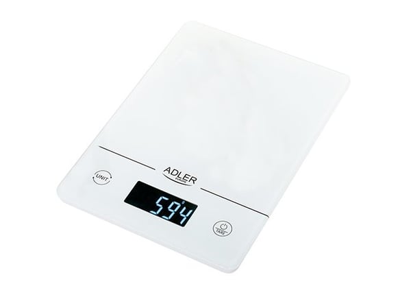 Adler AD 3170, Sähkökeittiövaaka, 15 kg, 1 g, Läpinäkyvä, Valkoinen, Karkaistu lasi, Lasi
