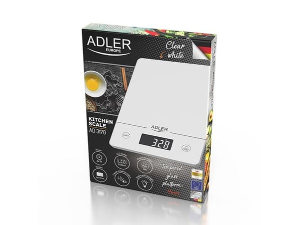Adler AD 3170, Elektronisk kjøkkenvekt, 15 kg, 1 g, Gjennomsiktig, Hvit, Herdet glass, Glass