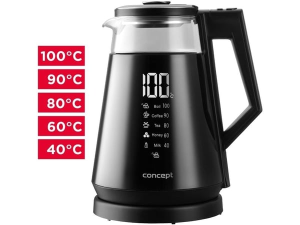Concept RK4170, 1,7 l, 1700 W, Sort, Glass, Plast, Justerbar termostat, Trådløs
