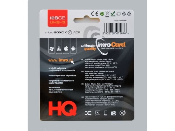 IMRO MICROSDXC 10/128GB UHS-3 ADP-muistikortti, 128GB, MicroSDXC, luokka 10, luokka 3 (U3)