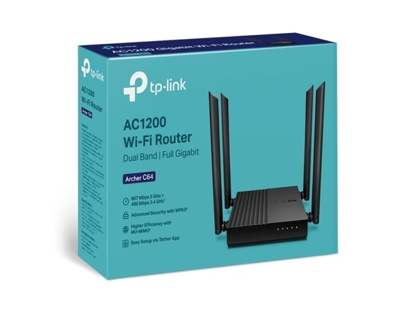 TP-Link Archer C64, Wi-Fi 5 (802.11ac), Dobbelbånd (2.4 GHz / 5 GHz), Ethernet/bredbåndsforbindelse, Svart, Frittstående router