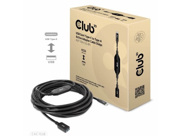 Club 3D - USB-kabel - 24 pin USB-C (hann) til USB-type A (hunn) - USB 3.1 Gen 1 - 0.9 A - 10 m - aktiv