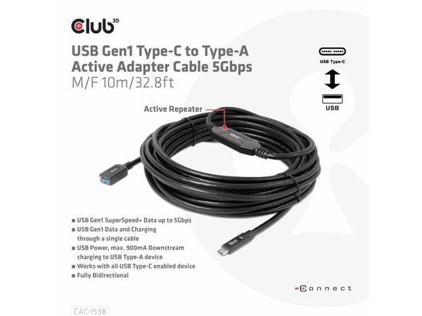 Club 3D - USB-kabel - 24 pin USB-C (hann) til USB-type A (hunn) - USB 3.1 Gen 1 - 0.9 A - 10 m - aktiv