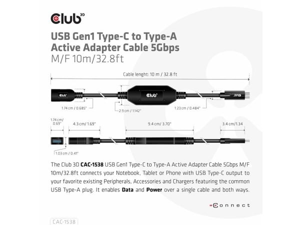 Club 3D - USB-kabel - 24 pin USB-C (hann) til USB-type A (hunn) - USB 3.1 Gen 1 - 0.9 A - 10 m - aktiv