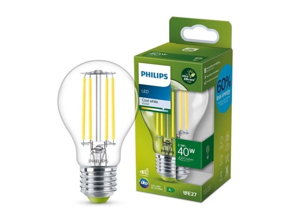 Philips - LED-filamentlyspære - form: A60 - klar finish - E27 - 2.3 W (ekvivalent 40 W) - klasse A - kjølilg hvitt lys - 4000 K