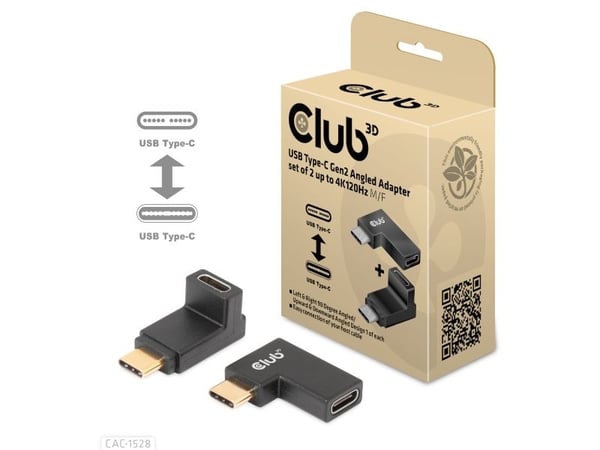 Club 3D - USB-C-adaptersett - USB 3.2 Gen 2 - 20 V - 5 A - vinklet, USB Power Delivery (100 W), 4K 120 Hz støtte
