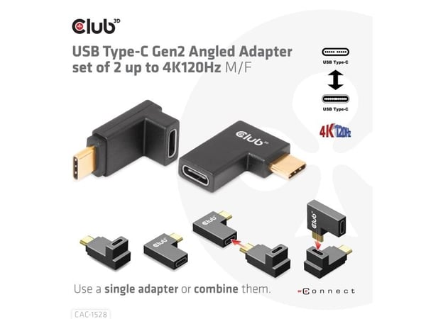 Club 3D - USB-C-adaptersett - USB 3.2 Gen 2 - 20 V - 5 A - vinklet, USB Power Delivery (100 W), 4K 120 Hz støtte
