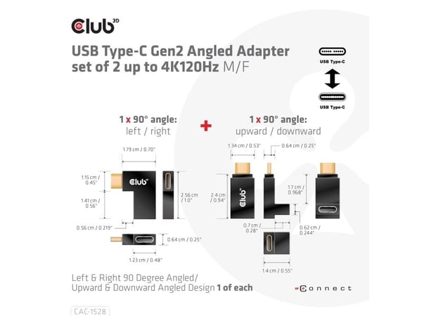 Club 3D - USB-C-adaptersett - USB 3.2 Gen 2 - 20 V - 5 A - vinklet, USB Power Delivery (100 W), 4K 120 Hz støtte