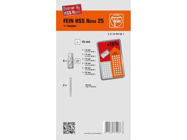 FEIN 63134999061, Drill bit set, Metall, 12, 14, 16, 18, 20, 22 mm, Sølv, B00N9ZK8OG, 720 g