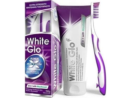 WHITE GLO_SET 2-i-1 med munnskyll & whitening tannkrem med munnskyll 100 ml + tannbørste