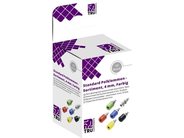 TRU COMPONENTS laboratoriekontakt-sortiment 12 deler vertikal tilkobling/innbygging blå/gul/grønn/sort/rød/sølv