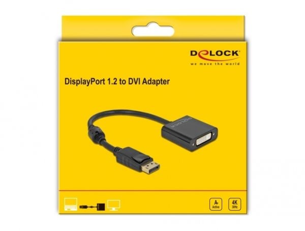 Delock - Video adapter - enkeltlenke - DisplayPort (hann) til DVI-I (hunn) - DisplayPort 1.2 - 20 cm - 4K-støtte, aktiv - svart