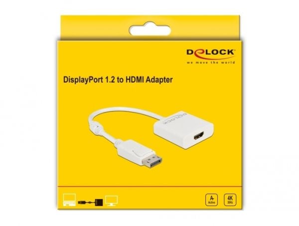 Delock - Video adapter - DisplayPort hann låst til HDMI hunn - 20 cm - hvit - aktiv, 4K 30Hz støtte