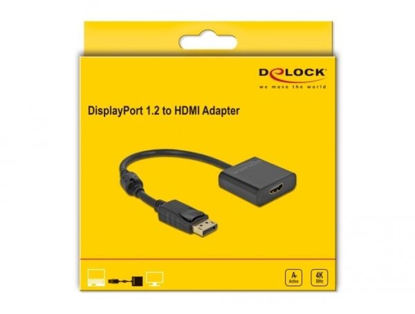 Delock - Videoadapter - DisplayPort han haspet til HDMI hun - 20 cm - sort - aktiv, 4K30 Hz tuki