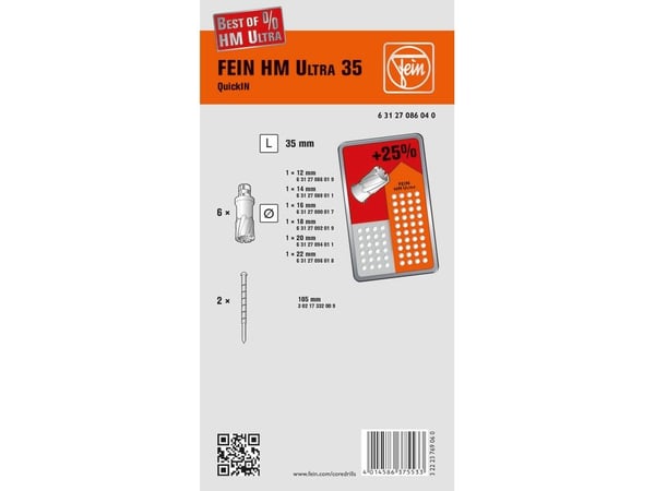 FEIN 63127086040, Drill, Drill bit set, Metall, 12, 14, 16, 18, 20, 22 mm, Grå, 6 stykker