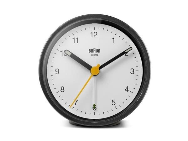 Braun BC12BW, Quartz vekkerklokke, Rund, Svart, Hvit, 12 timers, Alarm, Batteri