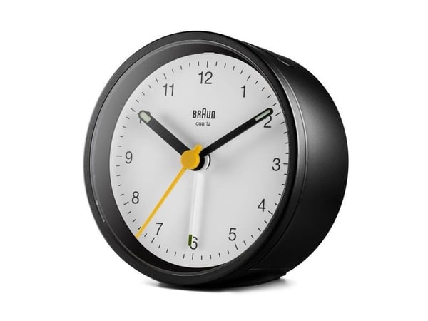Braun BC12BW, Quartz vekkerklokke, Rund, Svart, Hvit, 12 timers, Alarm, Batteri
