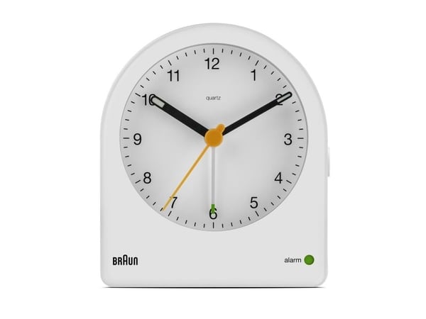 Braun BC22, Quartz vekkerklokke, Rund, Hvit, Gult, 12 timers, Alarm, Batteri