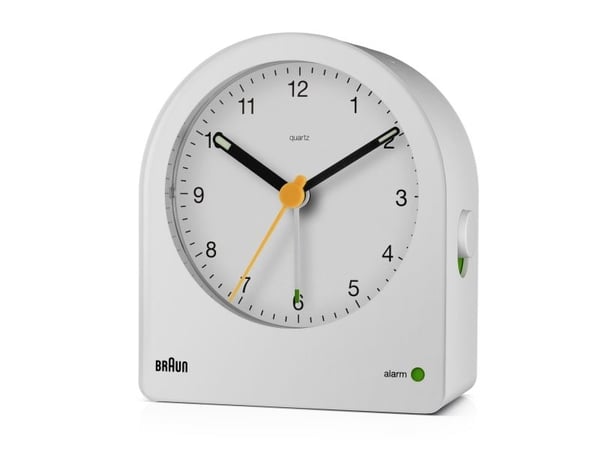 Braun BC22, Quartz vekkerklokke, Rund, Hvit, Gult, 12 timers, Alarm, Batteri