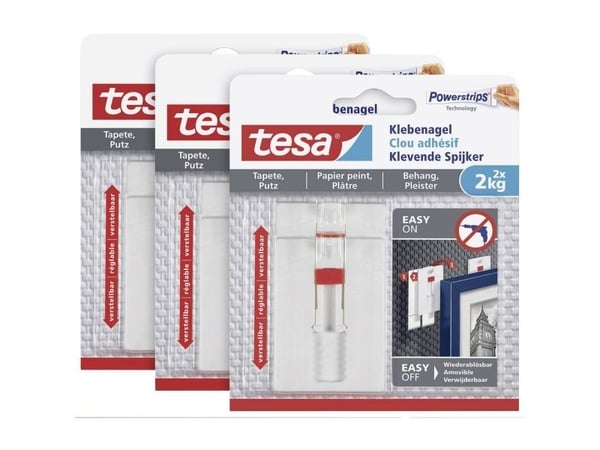 tesa justerbar klebespiker for tapet og puss hvit, 6 stk (77777)