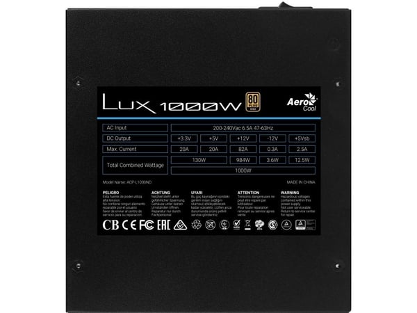 Aerocool LUX, 1000 W, 200 - 240 V, 47 - 63 Hz, 6.5 A, 130 W, 984 W