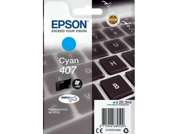 Epson 407L Näppäimistö DURABrite Ultra, yksittäispakkaus, syaani muste, High (L) Yield, Syaani, 20,3 ml, 1 kpl, 1900 sivua, Kertapakkaus