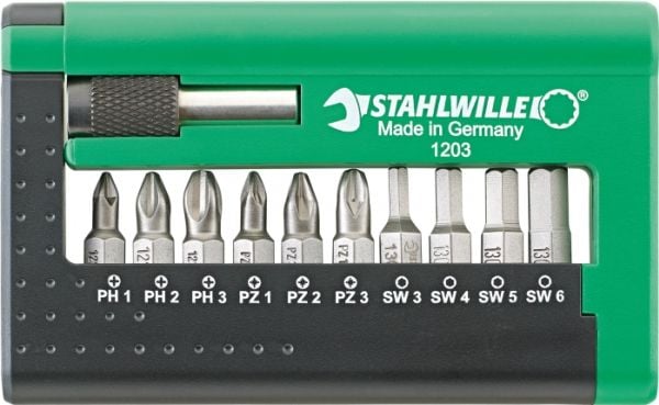 STAHLWILLE 1203 BIT-SET, 10 stykker, Phillips, Pozidriv, PH 1,PH 2,PH 3, PZ 1,PZ 2,PZ 3, 3,4,5,6 mm, 110 g