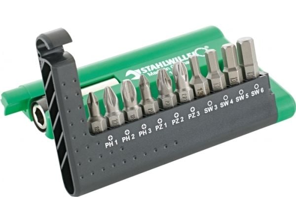 STAHLWILLE 1203 BIT-SET, 10 stykker, Phillips, Pozidriv, PH 1,PH 2,PH 3, PZ 1,PZ 2,PZ 3, 3,4,5,6 mm, 110 g