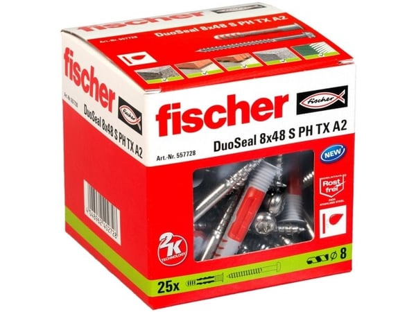 Fischer DuoSeal 8 x 48 S PH TX A2, Ekspansjonsanker, Murstein, Betong, Gipsblokk, Gipsfiberplate, Gipsplater, Nylon, Rød, Sølv, TX30, ETAG 022, DIN...