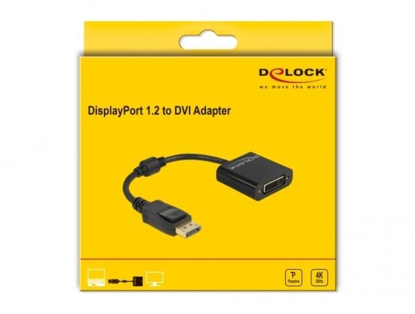Delock - Adapterkabel - DisplayPort (hann) til DVI-I (hunn) - DisplayPort 1.2 - 15 cm - passiv omformer, 4 K 30 Hz (3840 x 2160) støtte, støtte for...