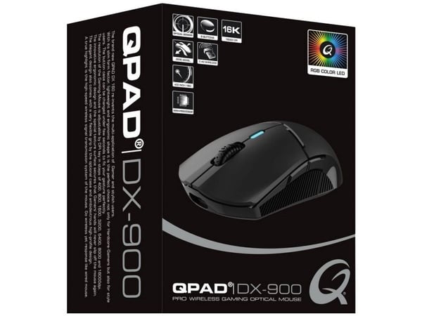 QPAD DX900, Molempikätinen, Vaakasuuntainen muotoilu, Optinen, RF Wireless + USB Type-C, 16000 DPI, Musta