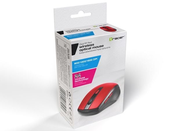 Tracer Deal RF - Mus - ergonomisk - nano - høyrehendt - optisk - 6 knapper - trådløs - 2.4 GHz - USB trådløs mottaker - rød - hengeboks