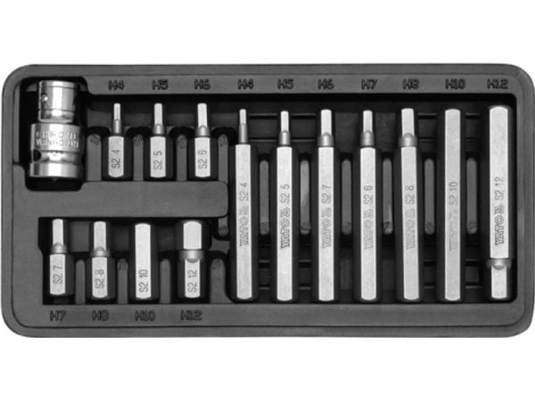 Yato YT-0413, 15 stykker, Hex (metrisk), 2,4,5,6,7,8,10,12 mm, Kromvanadiumstål, 25,4 / 2 mm (1 / 2"), Sekskantet
