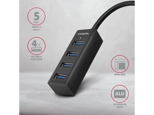Axagon HUE-M1AL, USB 3.2 Gen 1 (3.1 Gen 1) Type-A, USB 3.2 Gen 1 (3.1 Gen 1) Type-A, 5000 Mbit/s, lajittelu, alumiini, 1,2 m