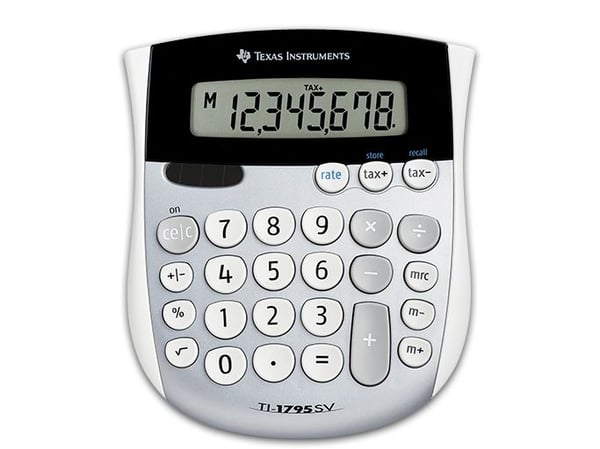 Texas Instruments TI-1795 SV 8-sifret kalkulator - solcellepanel, batteri, bordmodell