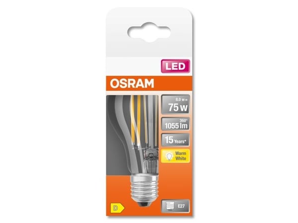 OSRAM LED STAR - LED-filamentlyspære - form: A60 - klar finish - E27 - 7.5 W (ekvivalent 75 W) - klasse D - varmt hvitt lys - 2700 K