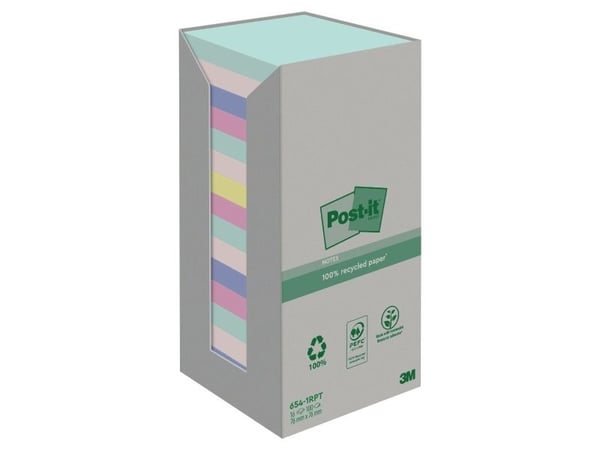 Post-it-lapper til resirkulering, assorterte farger, 76x76 mm, pakke med 16.