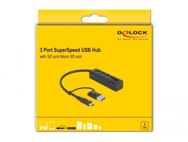 Delock - Hub - 3 x USB 3.2 Gen 1 + 1 x USB-C 3.2 Gen 1 - stasjonær