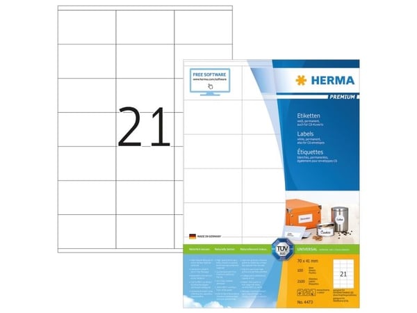 HERMA Premium - Papir - matt - permanent selv-adhesiv - hvit - 70 x 41 mm 2100 etikett(er) (100 ark x 21) laminerte etiketter