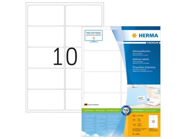 HERMA Premium - Paperi - matta - pysyvä itseliimautuva - valkoinen - 99,1 x 57 mm 1000 tarraa (100 arkkia x 10) laminoituja osoitetarroja