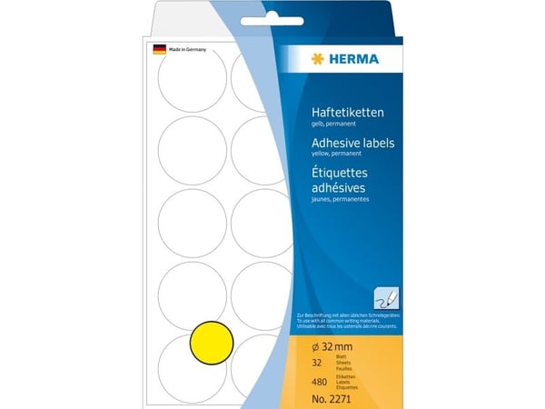 HERMA - Papir - permanent selvklebende - gul - 32 mm rund 480 etikett(er) (32 ark x 15) runde etiketter