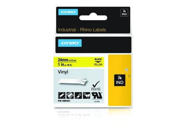 DYMO Rhino Coloured Vinyl - Vinyl - sort på gul - Rulle (2,54 cm x 5,5 m) 1 kassette(r) tape - for Rhino 6000, 6000 Hard Case Kit