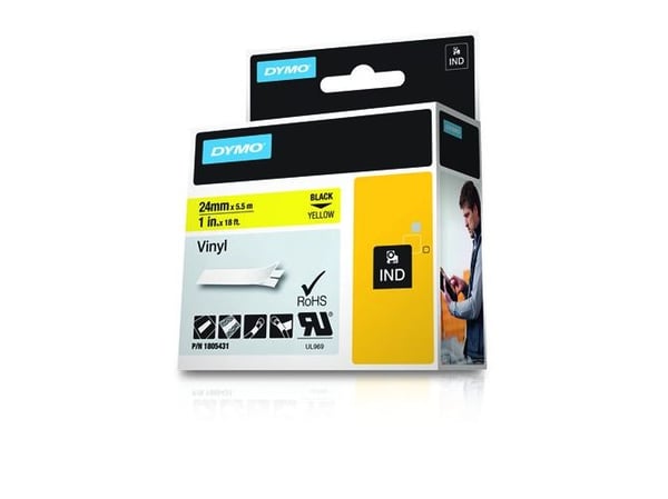 DYMO Rhino Coloured Vinyl - Vinyl - sort på gul - Rulle (2,54 cm x 5,5 m) 1 kassette(r) tape - for Rhino 6000, 6000 Hard Case Kit